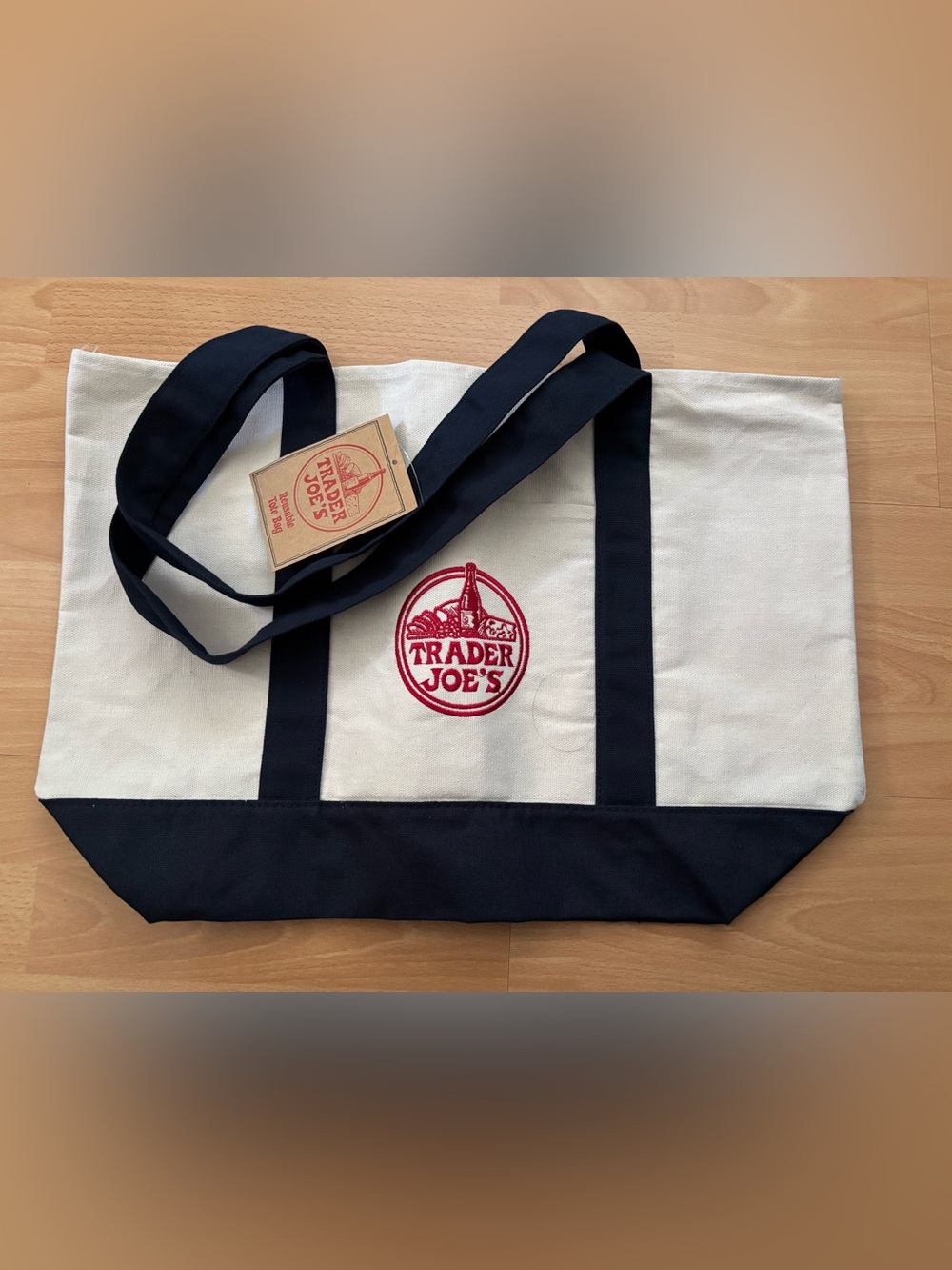 Trader Joe's Cream and Navy Canvas Tote Bag
